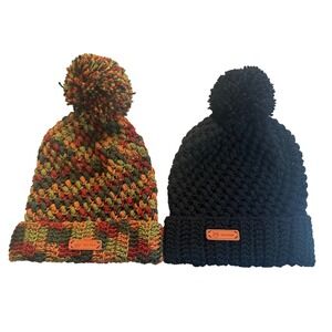 Handmade Crochet Beanie Hats *Lot of 2* Pom Pom Black &‎ Fall Multi One Size